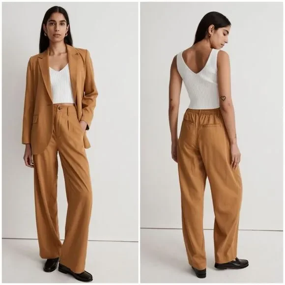 Madewell The Neale Straight-Leg Pleated Trouser Pant in Drapeweave in Toffee - Picture 3 of 13